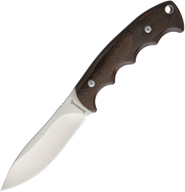 Browning Fixed Blade Knife 8.5in Overall 4in Satin SS Drop Point Brown Finger Grooved Wood Handle Black Nylon Belt Sheath Brown - Browning