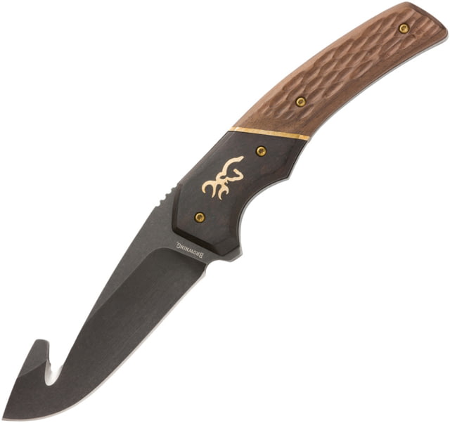 Browning Hunter Fixed Blade Guthook Knife 3.5" black stonewash finish 440C stainless guthook Two-tone finish sculpted wood handle - Browning