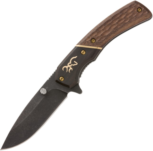 Browning Hunter Linerlock Folding Knife 2.88" black stonewash finish 440C stainless blade Two-tone finish sculpted wood handle