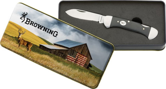 Browning Drop Point Knife w/Vintage Tin Whitail 2.5in Stainless Steel Blade Black Matte Wood Handle - Browning