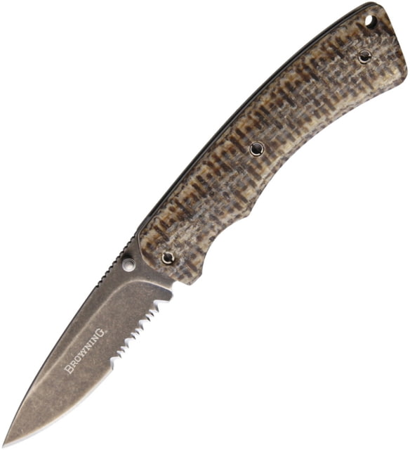 Browning Micarta Linerlock Folding Knife 2.75in Black Stonewash Partially Serrated SS Blade Micarta Handle Thumb Stud Pocket Clip - Browning