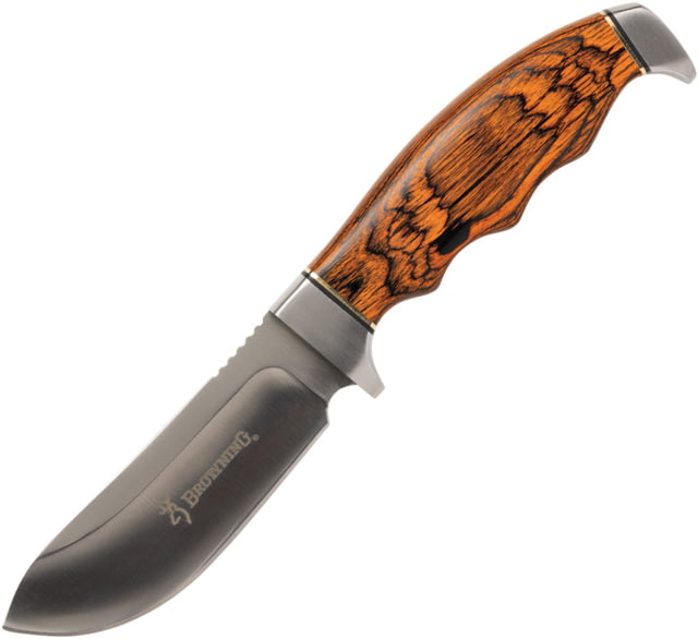 Browning Skinner Pakkawood Knife 8.13in Overall 3.75in Satin Stainless Steel Blade Brown Finger Grooved Pakkawood Handle Black Nylon Belt Sheath - Browning
