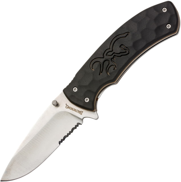 Browning Small Primal Linerlock Folding Knife 3" satin finish partially serrated 8Cr13MoV stainl Black rubberized polymer handle