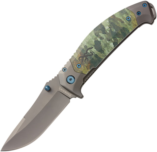 Browning TDX Linerlock Camo Folding Knife 3.25" gray titanium coated stainless blade Stainless handle with Camo synthetic inlay - Browning