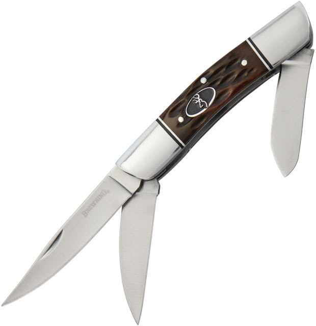 Browning Three Blade Folder Folding Knife Satin SS Clip Wharncliffe Spey Blades Brown Jigged Bone Handle SS Bolster Inlay Shield Brown - Browning
