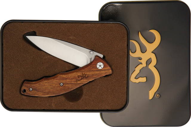 Browning Wood Linerlock with Tin Folding Knife 3" satin finish stainless blade Brown wood handle - Browning