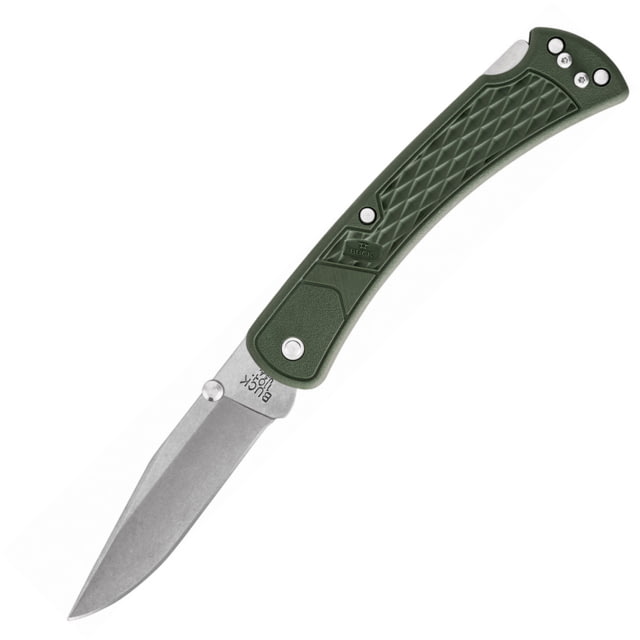 Buck Knives 110 Slim Select Lockback OD Folding Knife 3.75" stonewash finish 420HC stainless clip point OD green checkered glass filled nylon handle