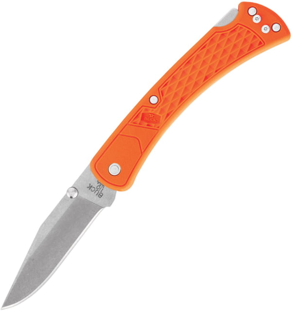 Buck Knives 110 Slim Select Lockback Org Folding Knife 3.75" stonewash finish 420HC stainless clip point Orange checkered glass filled nylon handle