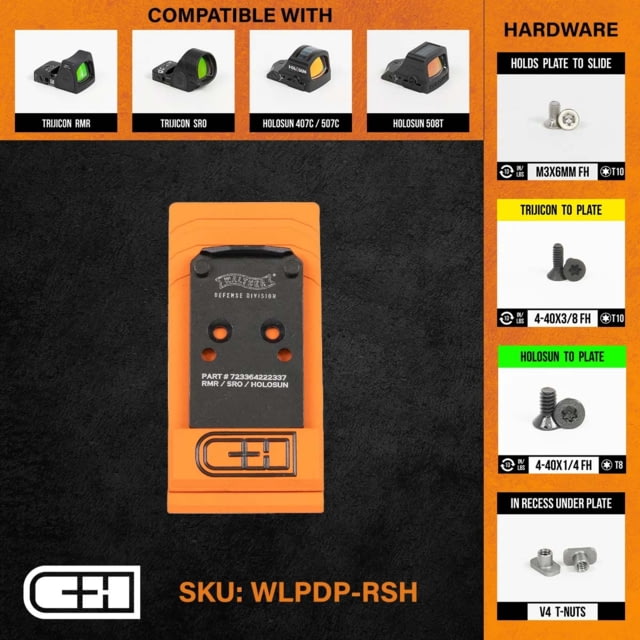 C&H Precision Weapons Walther Defense PDP 1.0 Adapter Plate Trijicon RMR/SRO Holosun 407C 507C 508C 508T Black