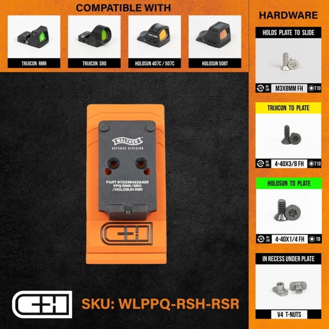 C&H Precision Weapons Walther PPQ Q4 Q5 Adapter Plate Trijicon RMR/SRO Holosun 407C 507C508C 508T w/ Integrated Rear Sight Black