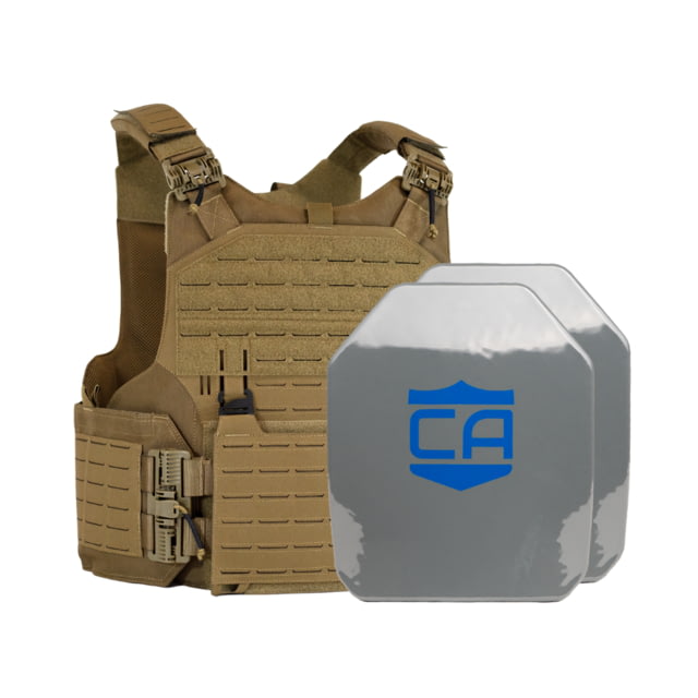 Caliber Armor AR550 w/ M.O.D. NIJ III+ PolyShield Complete Plate Carrier Package - Set of 2 SAPI Coyote Tan l - Caliber Armor