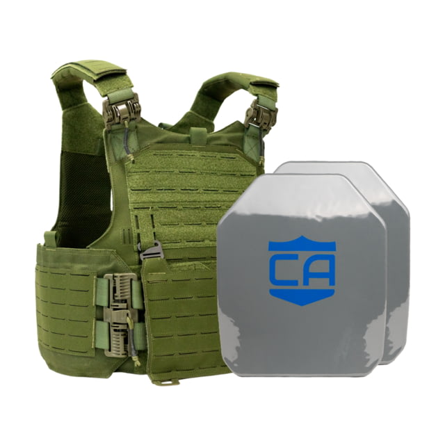 Caliber Armor AR550 w/ M.O.D. NIJ III+ PolyShield Complete Plate Carrier Package - Set of 2 SAPI OD Green l - Caliber Armor