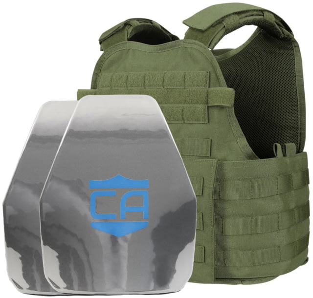 Caliber Armor AR550 Level III+ Body Armor w/PolyShield and Condor MOPC Complete Plate Carrier Package Shooters Cut OD Green - Caliber Armor