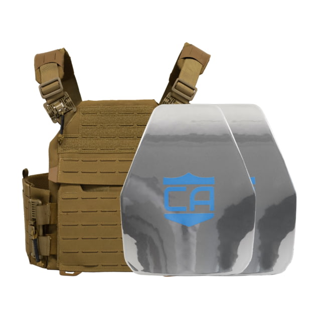 Caliber Armor AR550 NIJ III+ Recon PolyShield Complete Plate Carrier Package - Set of 2 Shooters Coyote Tan - Caliber Armor