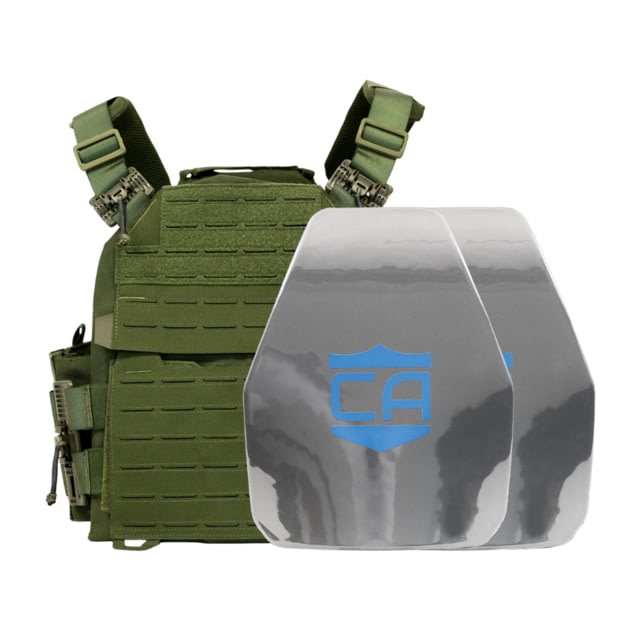 Caliber Armor AR550 NIJ III+ Recon PolyShield Complete Plate Carrier Package - Set of 2 Shooters OD Green - Caliber Armor