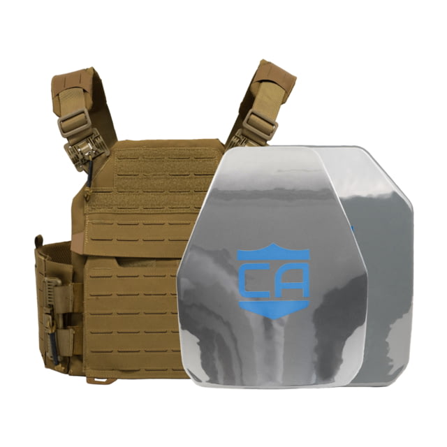 Caliber Armor AR550 NIJ III+ Recon PolyShield Complete Plate Carrier Package Shooters/SAPI Coyote Tan  19-AR550-TA - Caliber Armor