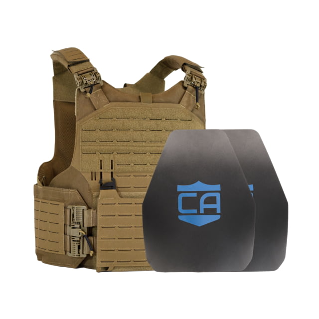 Caliber Armor AR550 w/ M.O.D. NIJ III+ Standard Complete Plate Carrier Package - Set of 2 Shooters Coyote Tan n/Large - Caliber Armor