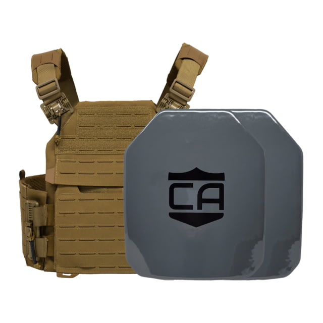 Caliber Armor AV2 NIJ III+/RF2 Recon Complete Plate Carrier Package - Set of 2 SAPI Coyote Tan - Caliber Armor