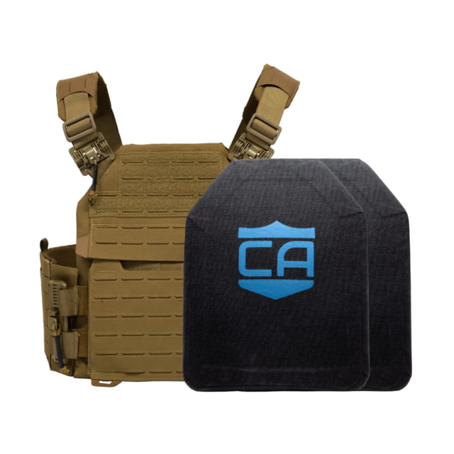 Caliber Armor Recon NIJ IV Complete Plate Carrier Package - Set of 2 SAPI Coyote Tan 9.5x12.5in/Medium - Caliber Armor
