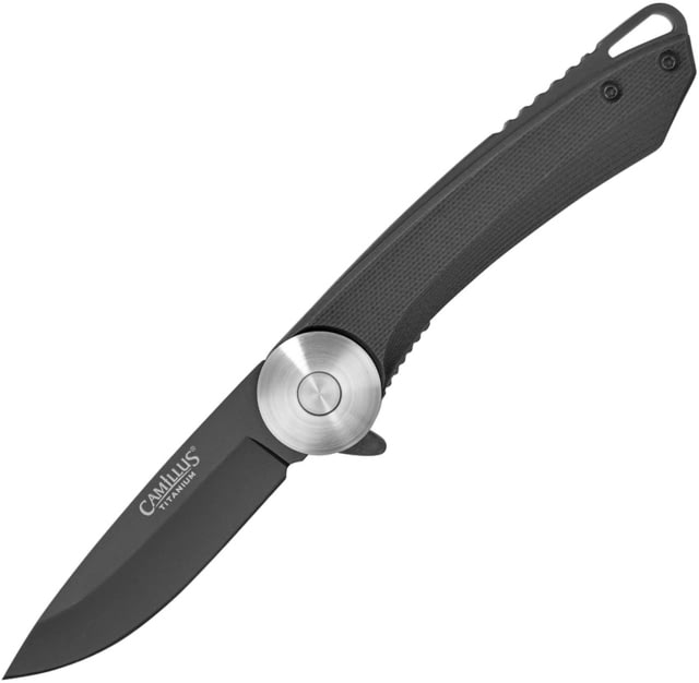 Camillus Knives Cirque Linerlock Black Folding Knife 2.75" black Carbonitride Titanium coated AUS-8 sta Black G10 handle - Camillus Knives