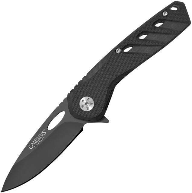 Camillus Knives Slot Linerlock Folding Knife 2.75in Black Carbonitride Titanium Coated Aus-8 SS Drop Point Black Glass Filled Nylon Handle Quick - Camillus Knives