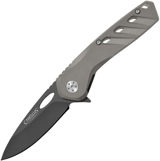 Camillus Knives Slot Linerlock Folding Knife 2.75in Black Carbonitride Titanium Coated Aus-8 SS Drop Point Gray Glass Filled Nylon Handle Pocket Clip - Camillus Knives