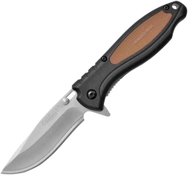 Camillus Knives TigerSharp Linerlock Folding Knife 3in Satin SS Drop Point Black Frn Handle Brown Rubber Handle Insert One Standard Edge And One - Camillus Knives