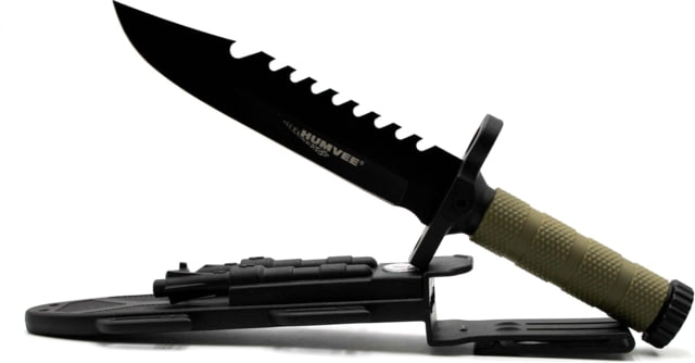 Campco Humvee Next Gen Survival Fixed Blade Knife w/ Sharpener and Firestarter 7.5in Stainless Steel Blade Serrated Edge Green Textured Rubber Black