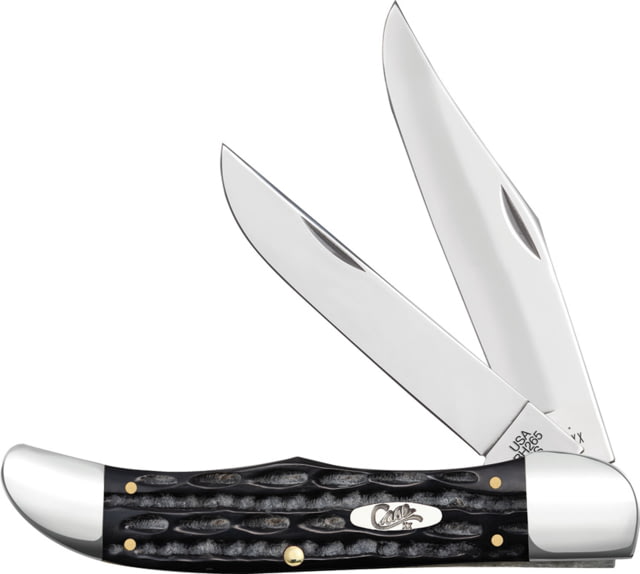Case Folding Hunter Buffalo Folding Knife 5.25in Closed 4.1in Mirror Clip/Skinner Blades Jigged Buffalo Horn Handle Leather Sheath - Case