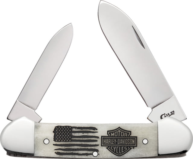 Case Harley Davidson Canoe Folding Knife Mirror finish stainless spear and pen blades Natural smooth bone handle