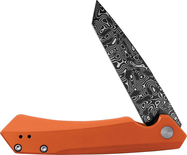 Case Damascus Print Kinzua Folding Knife 4.75in Closed 3.35in S35VN Tanto Blade Orange Anodized Aluminum Handle - Case
