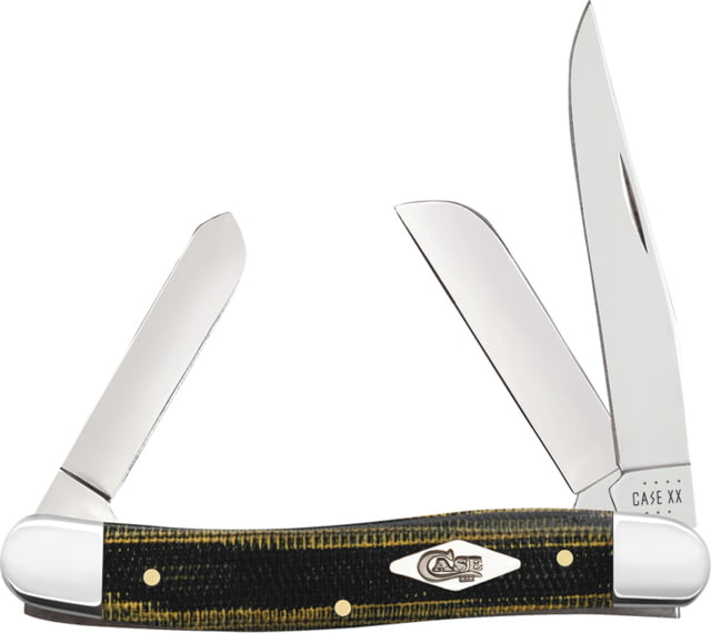 Case Medium Stockman Micarta Folding Knife 3.63in Closed Mirror Clip/Sheepsfoot/Spey Blades Black/Green/Natural Canvas Micarta Handle - Case