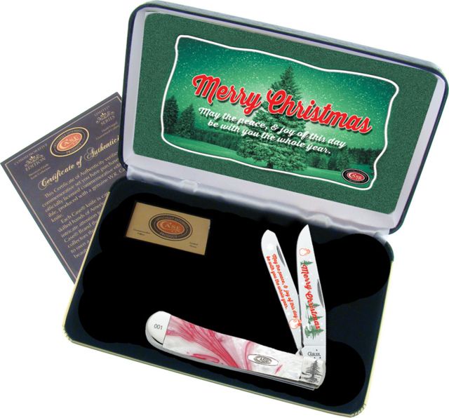 Case Merry Christmas Trapper Folding KnifeStainless SteelClip and SpeyPeepermintCorelon Handle - Case
