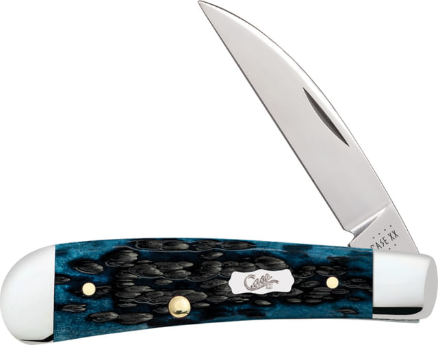 Case Pocket Worn Sway Back Folding Knife 3.19in Closed Mirror Wharncliffe Blade Pocket Worn Mediterranean Blue Jigged Bone Handle - Case Knives