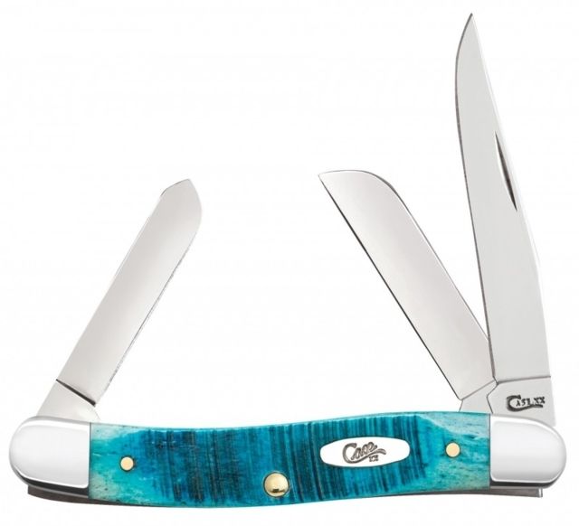 Case Caribbean Blue Bone - Sawcut Jig Medium Stockman Folding Knive Surgical Steel Clip Sheepfoot and Spey blades Caribbean Blue Bone Handle 3.625in - Case