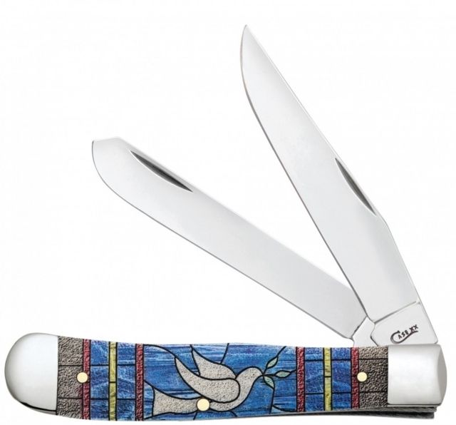 Case Embellished Trapper Folding Knive in Velvet Box - Dove Surgical Steel Clip and Spey Blades Natural Bone Handle with Yellow Red Blue and Bla - Case