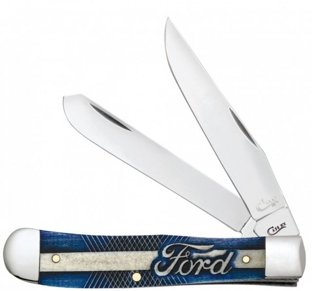 Case Ford Gift Set - Embellished Trapper Folding Knive in Jewel Box Surgical Steel Clip and Spey Blades Smooth Natural Bone Handle with Blue Color - Case