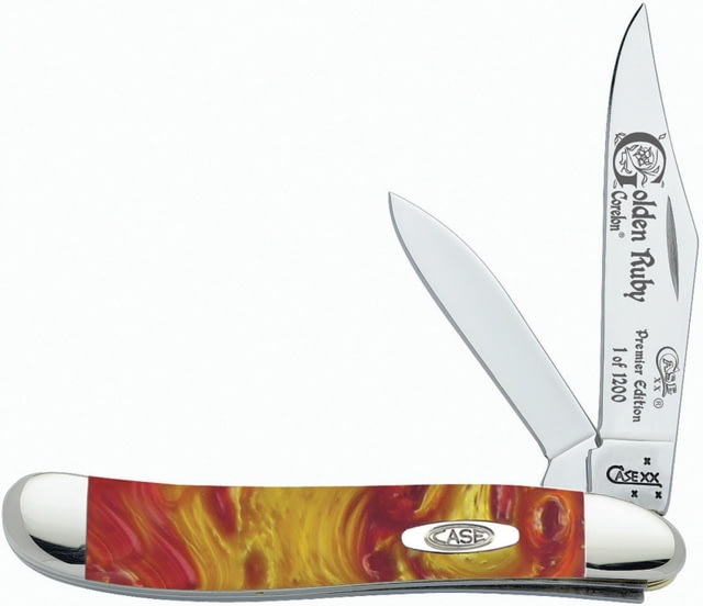 Case Golden Ruby Peanut Folding Knife Mirror SS Clip And Pen Blades Golden Ruby Corelon Handle Nickel Silver Bolster Inlay Shield Blade Etching - Case