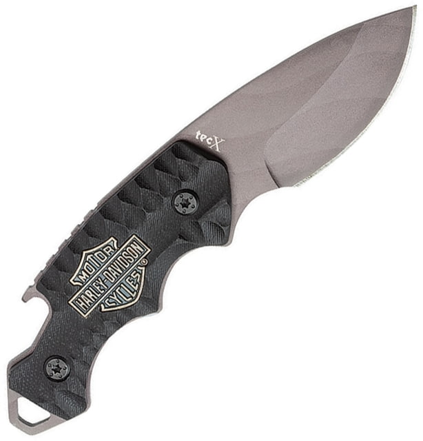 Case Harley TecX Fixed Blade Knife 6in Overall 2.5in Gray Titanium Coated SS Blade Black Sculpted G10 Handle Bottle Opener Inlay Shield Black Kydex - Case