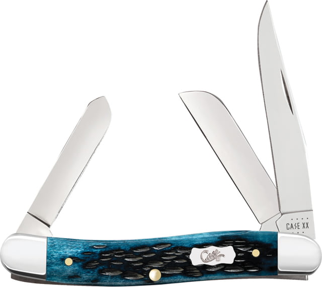 Case Stockman Mediterranean Folding Knife 3.63in Closed Mirror Clip/Sheepsfoot/Spey Blades Pocket Worn Mediterranean Blue Jigged Bone Handle - Case