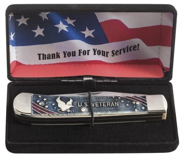Case U.S. Veteran Gift Set - Embellished Smooth Natural Bone w/Blue and Red Color Wash Traper Blade 6254 SS in Velvet Box - Case