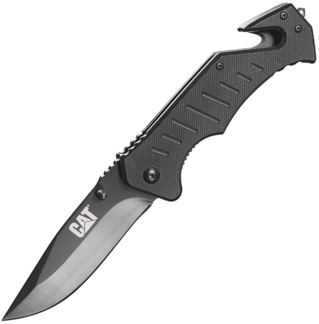 Caterpillar Linerlock Folding Knife 3.5in Black 7Cr17Mov SS Drop Point Black G10 Handle Belt/Cord Cutter Glass Breaker Thumb Stud Pocket Clip - Caterpillar