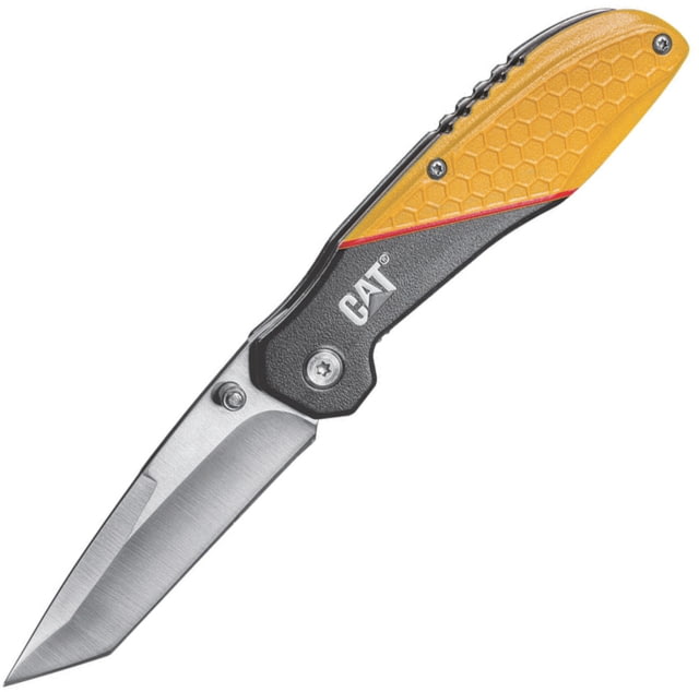 Caterpillar Linerlock Folding Knife 3in Satin 7Cr17Mov SS Tanto Blade Aluminum Handle Thumb Stud Pocket Clip Yellow And Black Handle - Caterpillar