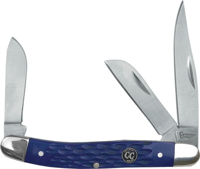 Cattleman'S Cutlery Signature Stockman Blue Folding Knife Satin 3Cr13 SS Clip Sheepsfoot Spey Blades Blue Jigged Delrin Handle SS Bolster Inlay Shield - Cattleman's Cutlery