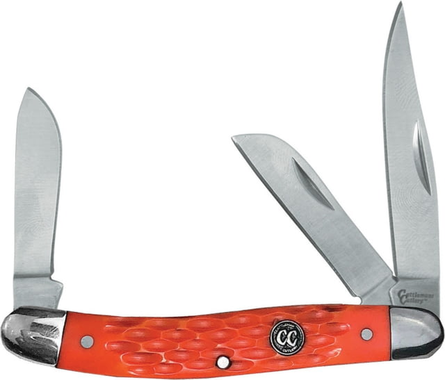Cattleman'S Cutlery Signature Stockman Folding Knife Satin 3Cr13 SS Clip Sheepsfoot Spey Blades Orange Jigged Delrin Handle SS Bolster Inlay Shield - Cattleman's Cutlery