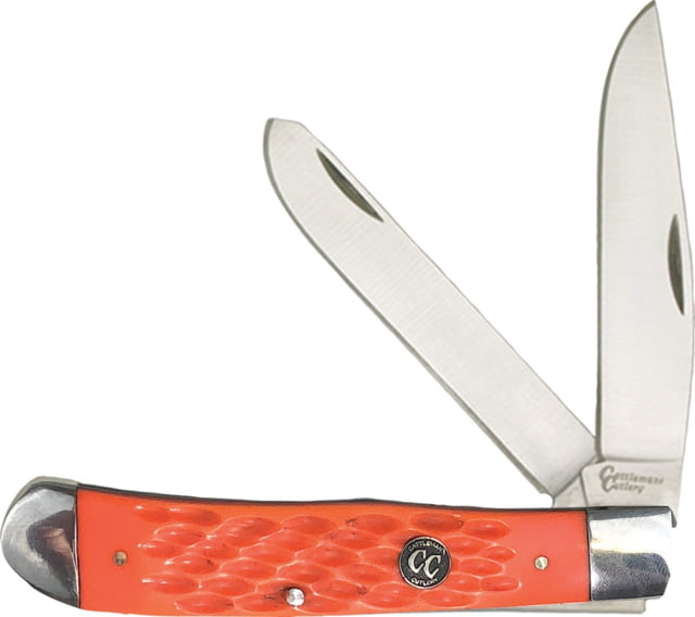 Cattleman'S Cutlery Signature Trapper Folding Knife Satin 3Cr13 SS Clip/ Spey Blades Orange Jigged Delrin Handle SS Bolster Inlay Shield - Cattleman's Cutlery