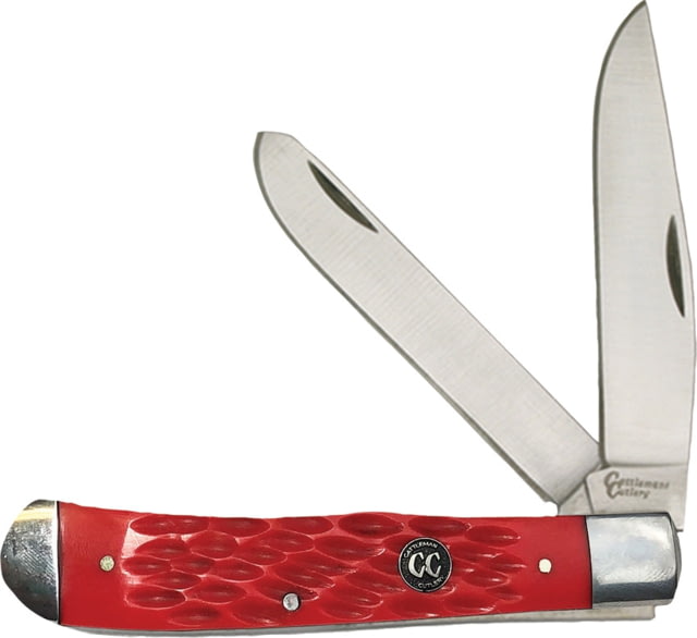 Cattleman'S Cutlery Signature Trapper Folding Knife Satin 3Cr13 SS Clip/ Spey Blades Red Jigged Delrin Handle SS Bolster Inlay Shield - Cattleman's Cutlery