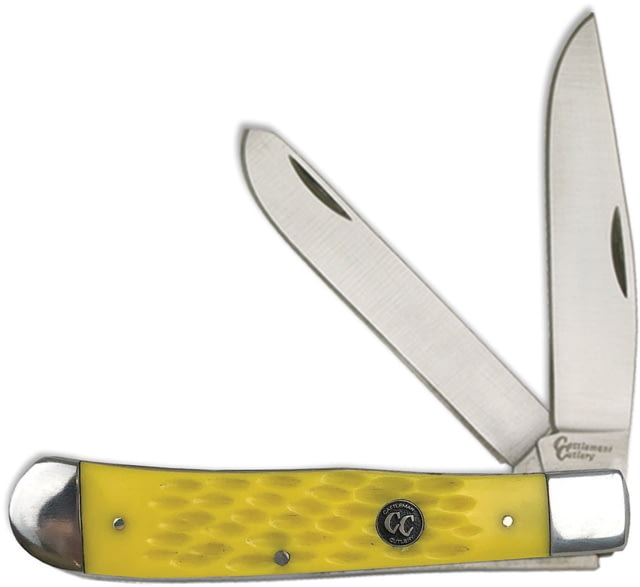 Cattleman'S Cutlery Signature Trapper Yellow Folding Knife Satin 3Cr13 SS Clip/ Spey Blades Yellow Jigged Delrin Handle SS Bolster Inlay Shield Yellow - Cattleman's Cutlery