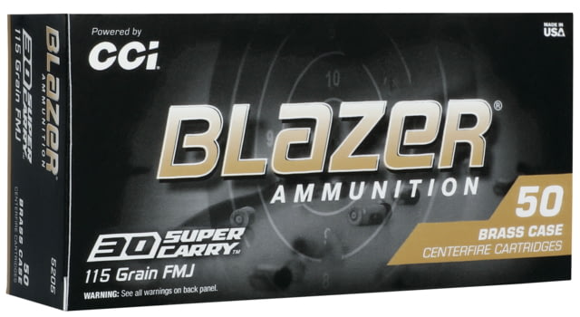  Ammunition Blazer .30 Super Carry 115 Grain FMJ Brass Centerfire Pistol 50 Rounds Ammo