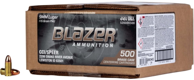  Ammunition Blazer 9mm 115grain Full Metal Jacket Brass Cased Pistol 500 Rounds Ammo